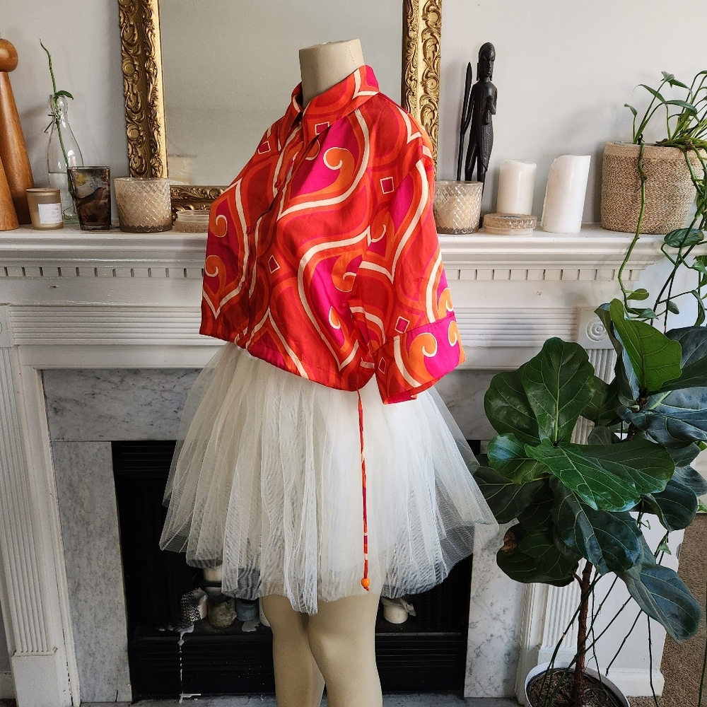 Zara Pink Cropped Satin Shirt Size Small Orange Beige Psychedelic Hippie - Picture 6 of 15